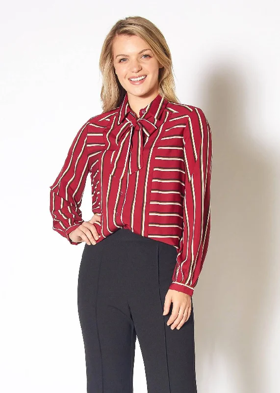 Womens Stripe Tie Neck Blouse in Dark Red Multi Stripe Boho Printed Blouse