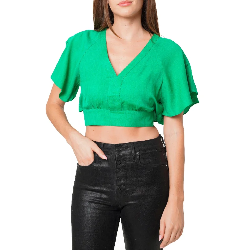 Women's Tie Waist Cape Sleeve Cropped Blouse in Kelly Green Chic Ruffle Blouse