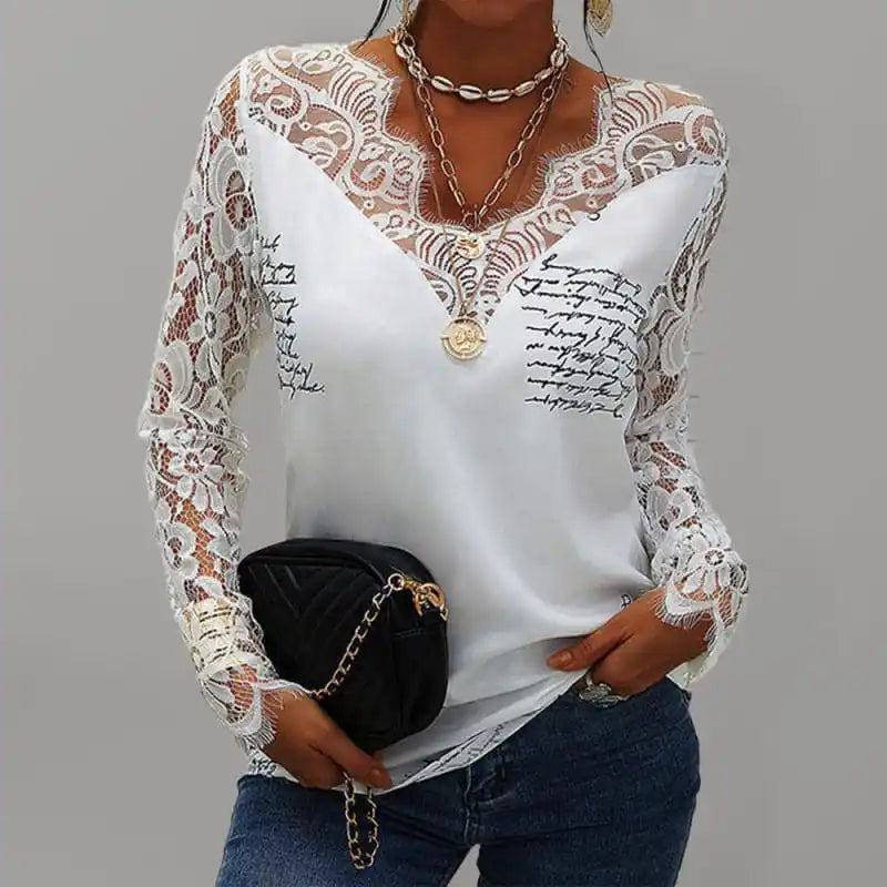 Women’s V Neck Lace Trim Long Sleeve Blouse Top Soft Knit Blouse