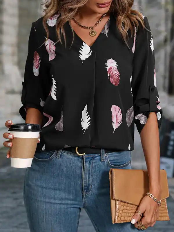 Women’s Woven V-Neck Feather Print Cropped Sleeve Loose Blouse Embroidered Cotton Blouse