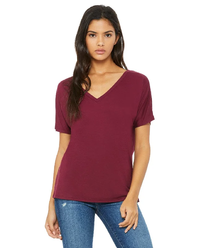 Bella+Canvas Ladies Flowy Simple V-Neck T-Shirt | Maroon Houndstooth Herringbone Solid