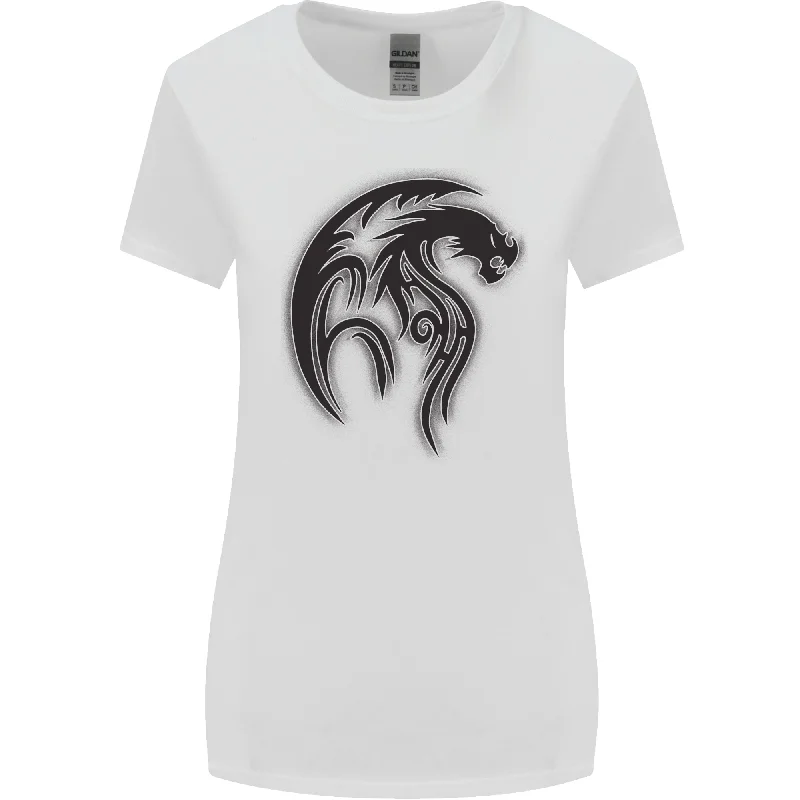 Black Tribal Tattoo Style Dragon Womens Wider Cut T-Shirt Graphic Embroidered Appliqued