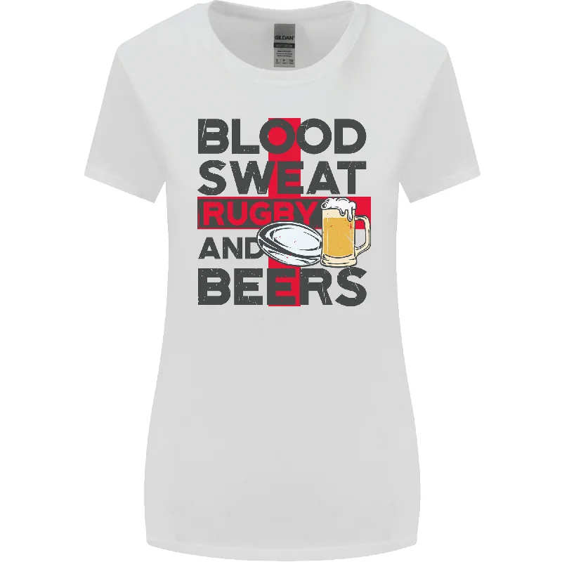 Blood Sweat Rugby and Beers England Funny Womens Wider Cut T-Shirt Knit Fabric Woven Fabric Fleece Fabric