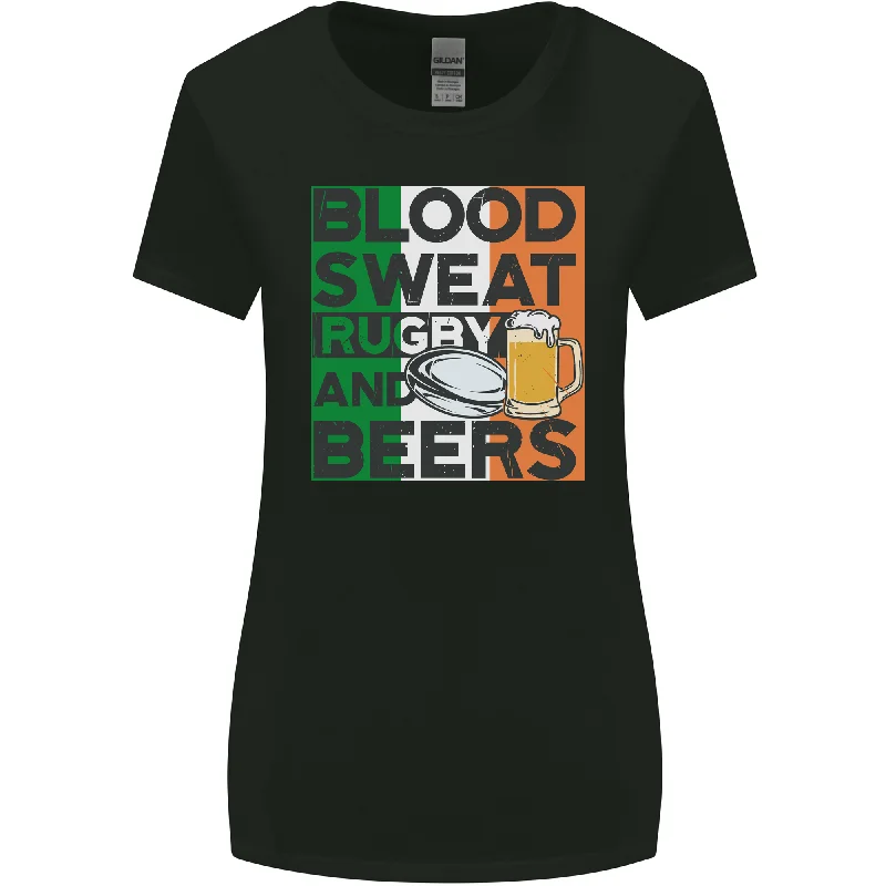 Blood Sweat Rugby and Beers Ireland Funny Womens Wider Cut T-Shirt Graphic T-Shirt Round Neck Polyester