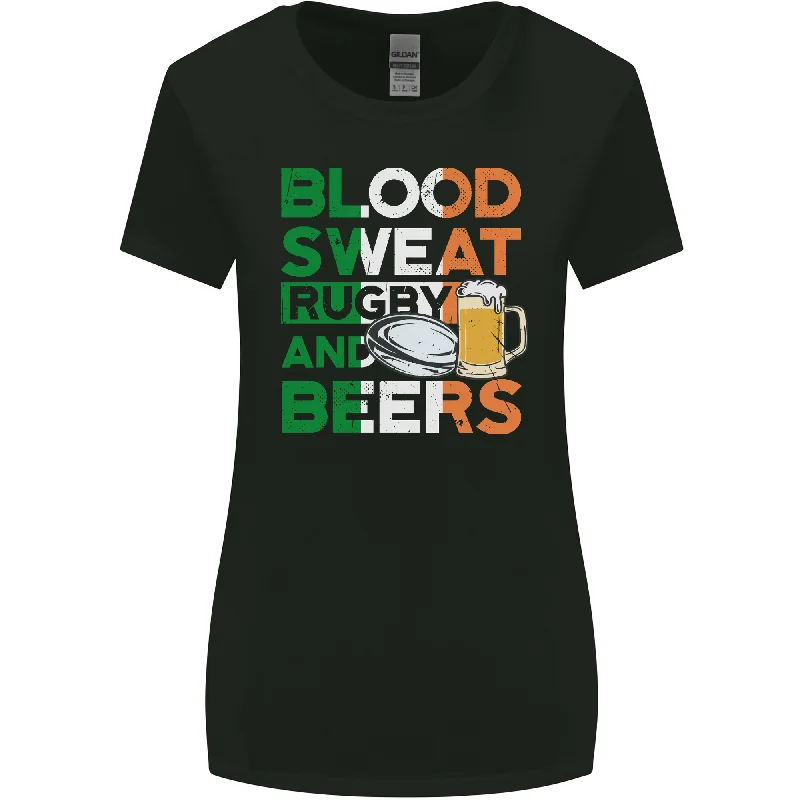 Blood Sweat Rugby and Beers Ireland Funny Womens Wider Cut T-Shirt Striped Floral Plaid