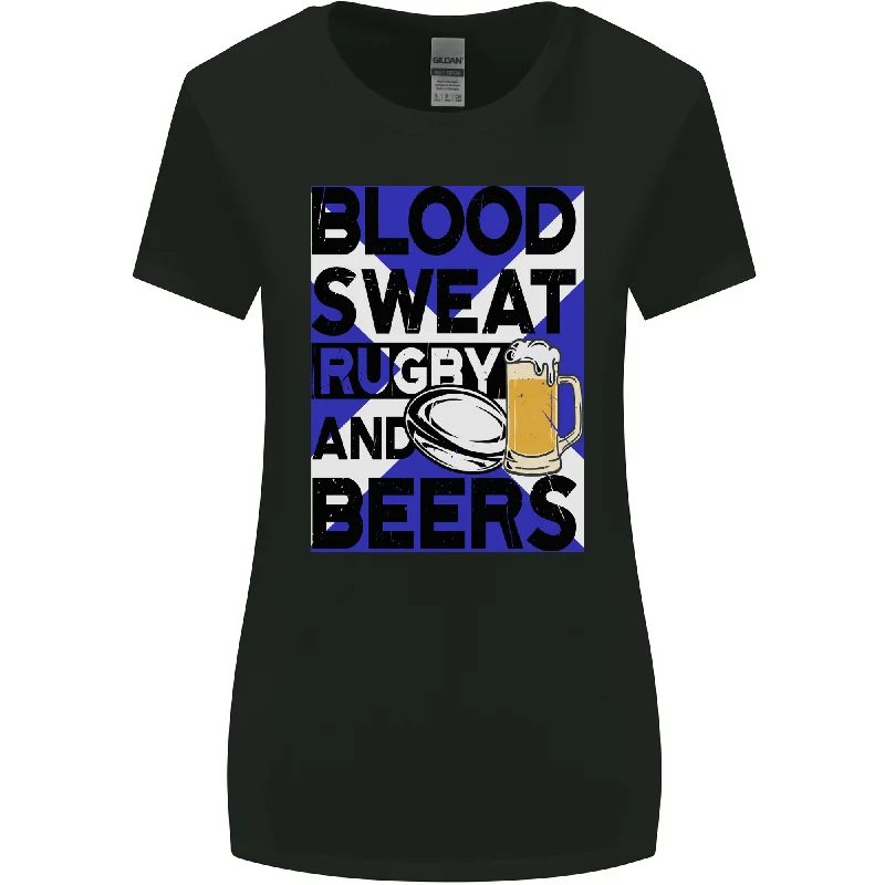 Blood Sweat Rugby and Beers Scotland Funny Womens Wider Cut T-Shirt Fleece Nylon Spandex