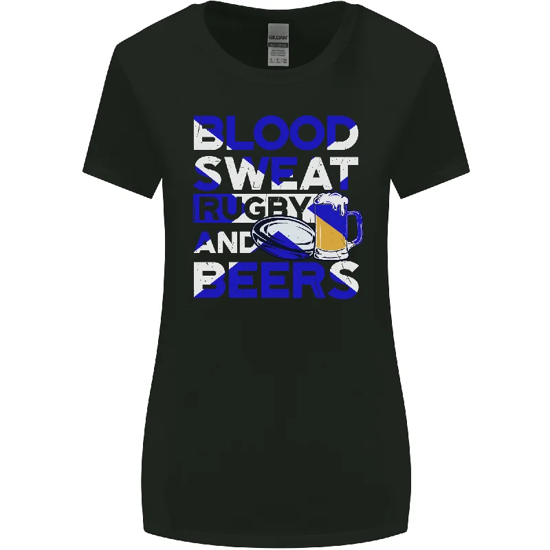 Blood Sweat Rugby and Beers Scotland Funny Womens Wider Cut T-Shirt Collared T-Shirt Boat Neck A-Line