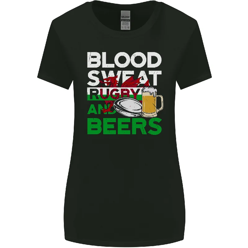 Blood Sweat Rugby and Beers Wales Funny Womens Wider Cut T-Shirt Cozy Warm Stylish