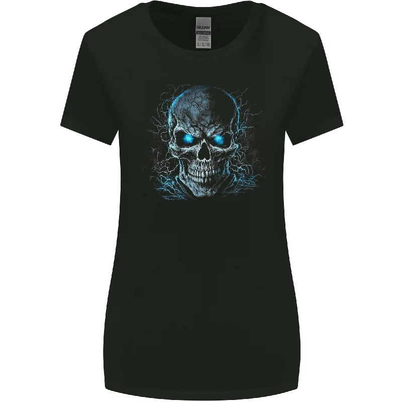 Blue Cosmic Skull Womens Wider Cut T-Shirt Zippered Front Buttoned Front Snap Front