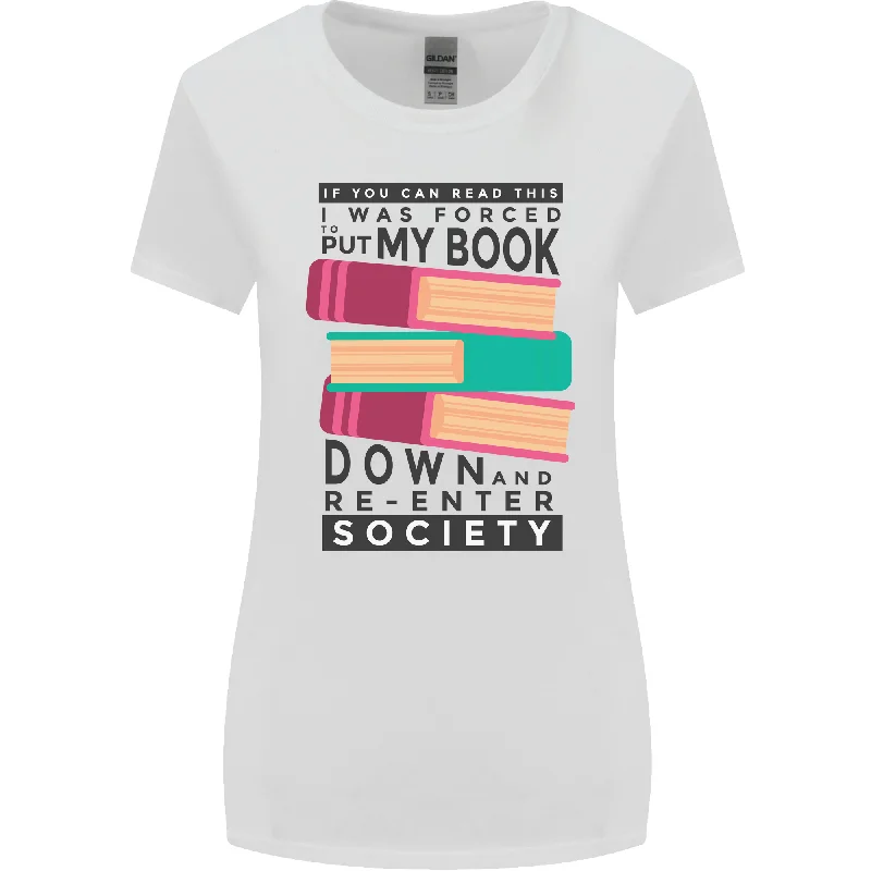 Book Reading Re-Enter Society Funny Womens Wider Cut T-Shirt Collared Crew Neck Turtle Neck