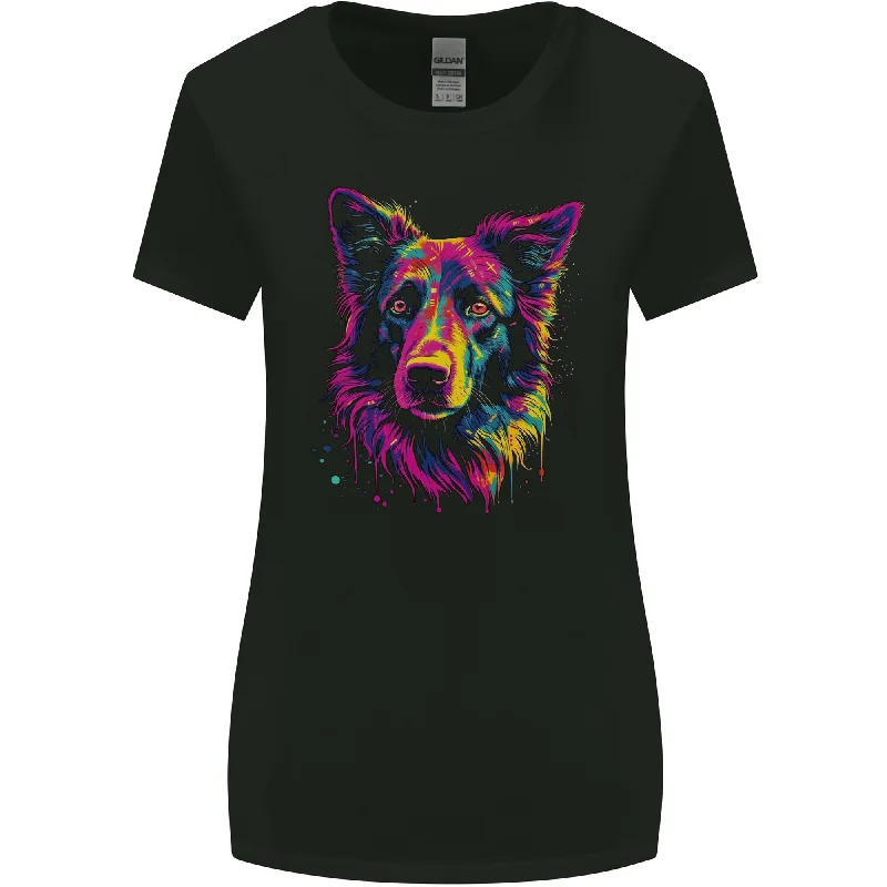 Border Collie Dog in Colour Womens Wider Cut T-Shirt V-Neck T-Shirt Long Sleeve Cotton