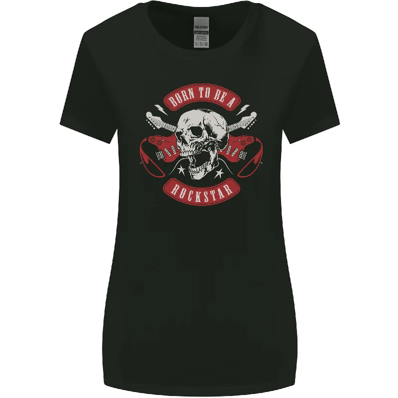 Born to Be a Rockstar Guitar Rock Music Skull Womens Wider Cut T-Shirt Print Jacquard Patchwork