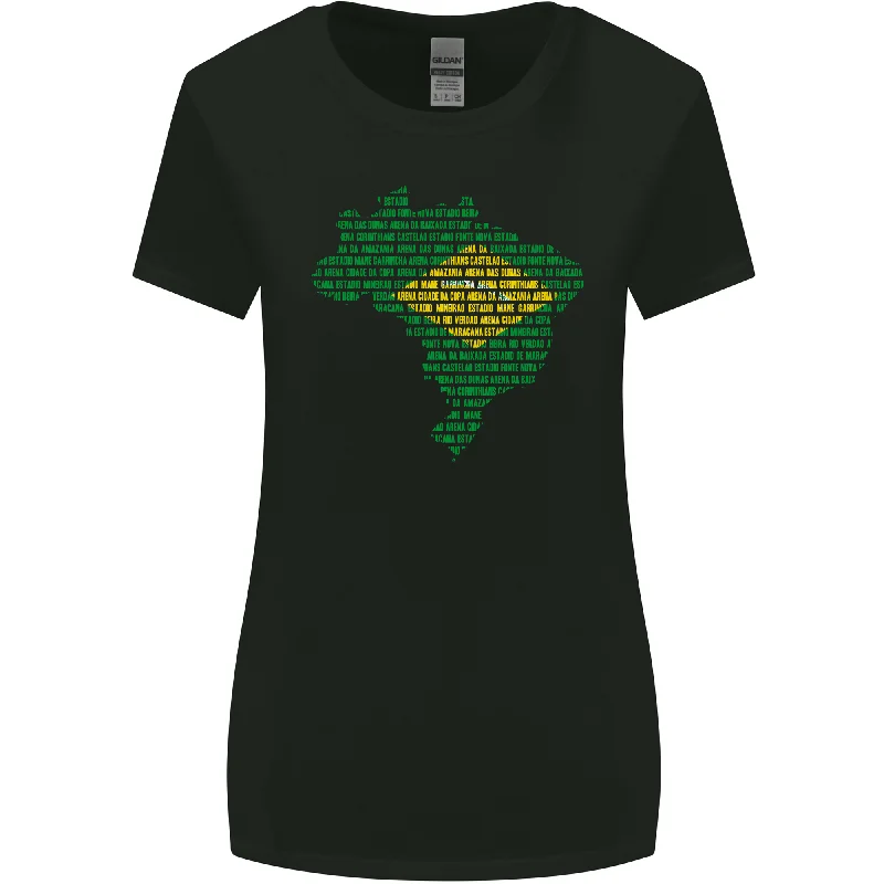 Brazilian Flag Word Cloud Brazil Football Womens Wider Cut T-Shirt Zippered Front Buttoned Front Snap Front