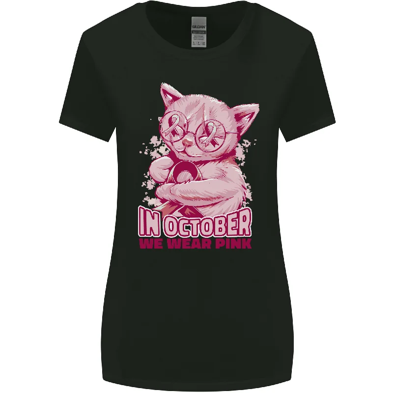 Breast Cancer Awareness October Cat Womens Wider Cut T-Shirt Welt Pockets Slit Pockets Flap Pockets