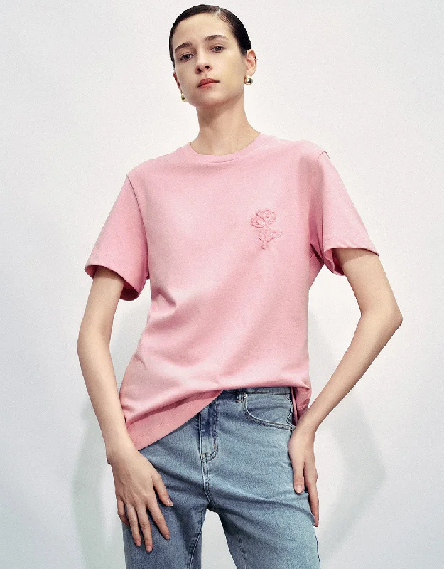 Flower Embossed Crew Neck T-Shirt Notch Collar Peter Pan Collar Cowl Neck