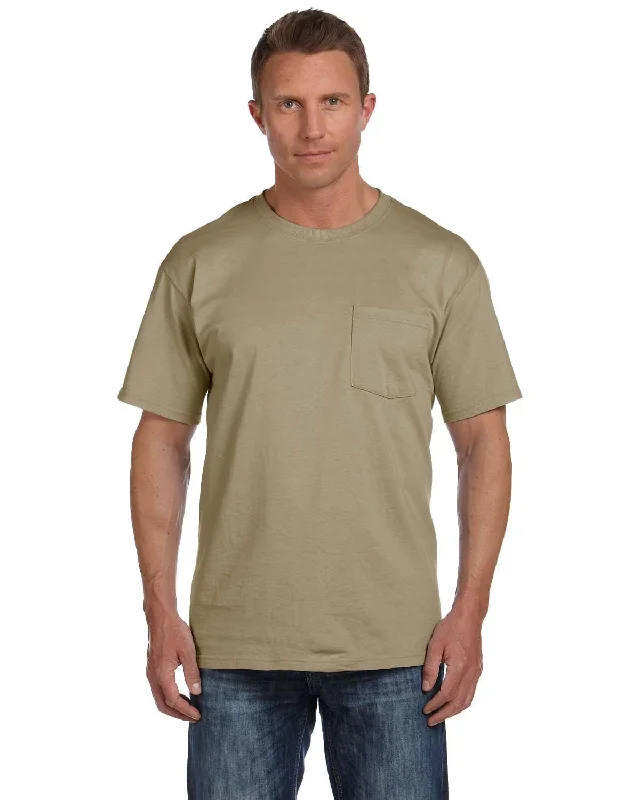 Fruit of the Loom Cotton Pocket T-Shirt | Khaki Hooded Caped Shawl Collar