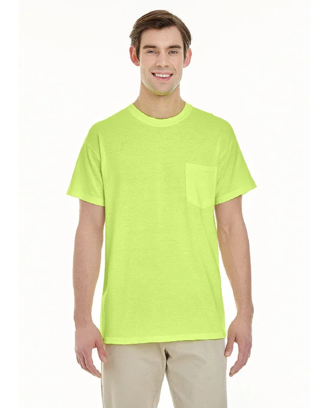 Gildan Pocket T-Shirt | Safety Green Hooded Caped Shawl Collar