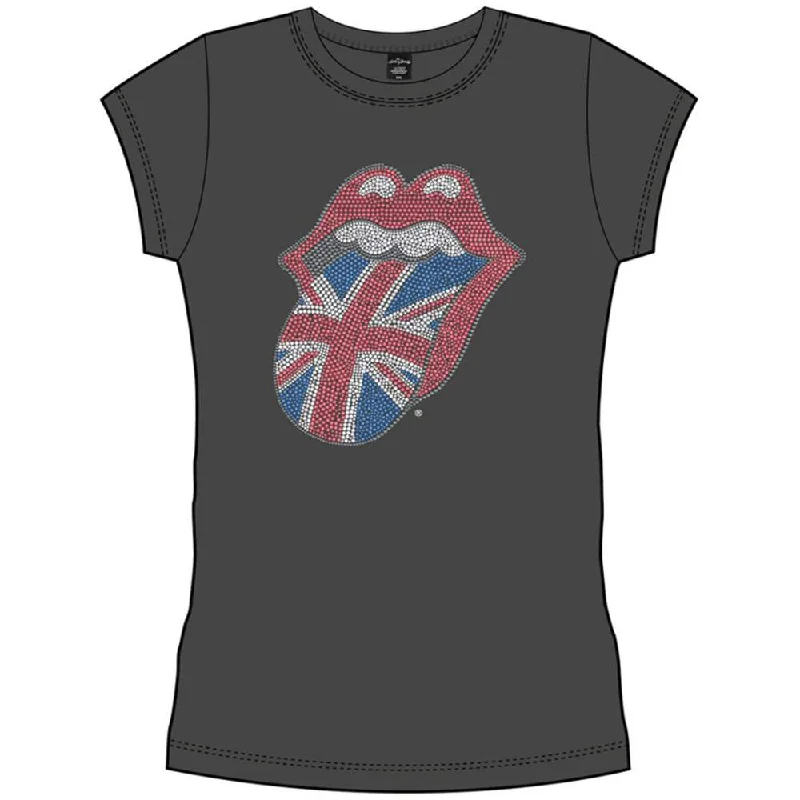 The Rolling Stones Ladies Fashion T-Shirt: Classic UK Tongue (Diamante) Fitted T-Shirt Seamless Stretchy