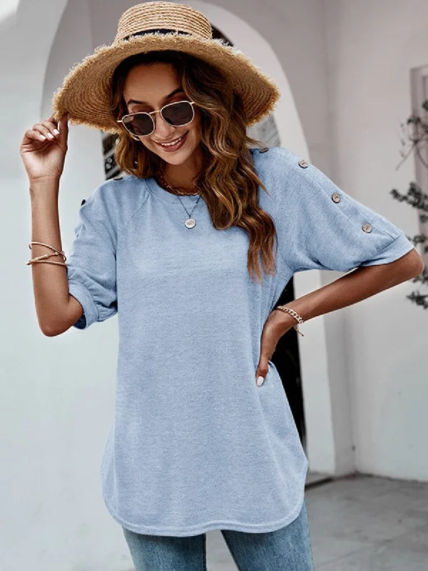 Women's Casual Button Detail Half Sleeve T-Shirt Boxy Fit Fitted Loose