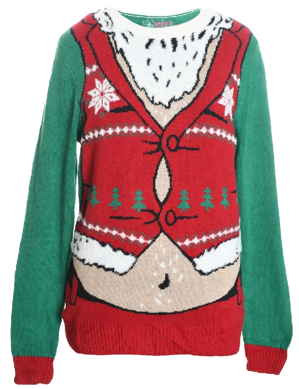 Elf Design Red & Green Knit Christmas Jumper - M Print Jacquard Patchwork