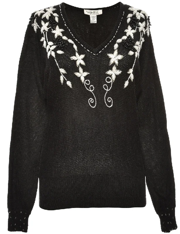 Embellished Black Jumper - S Notch Collar Peter Pan Collar Cowl Neck