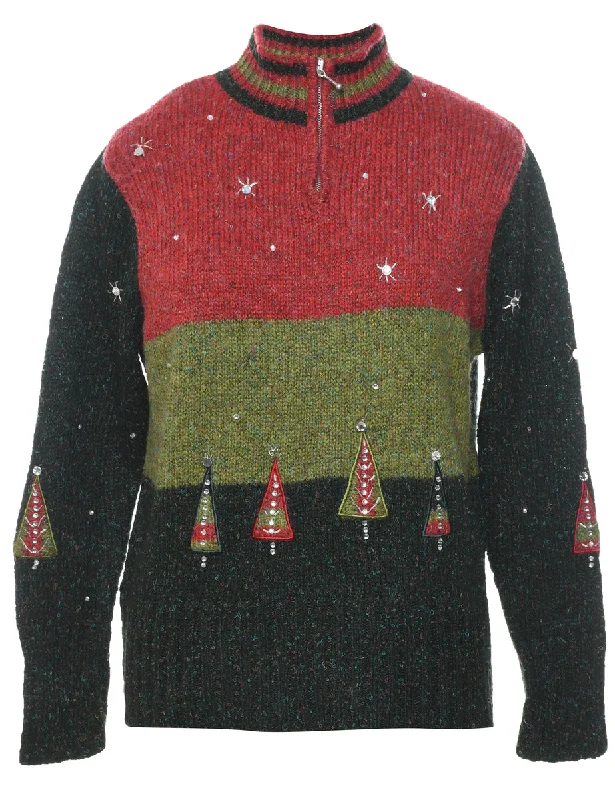 Festive Christmas Jumper - L Graphic Sweater Embroidered Appliqued