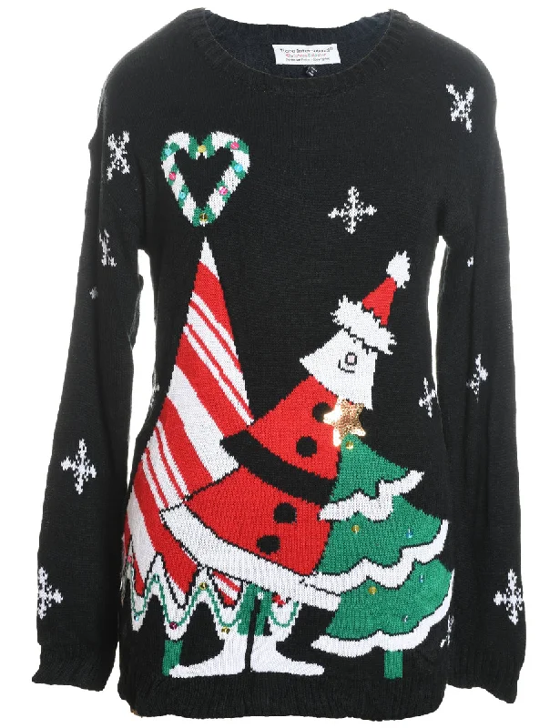 Festive Design Black Knit Christmas Jumper - S Thin Thick Dense