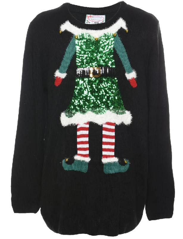 Festive Elf Design Sequin Christmas Jumper - XXL Polka Dot Checkered Tartan