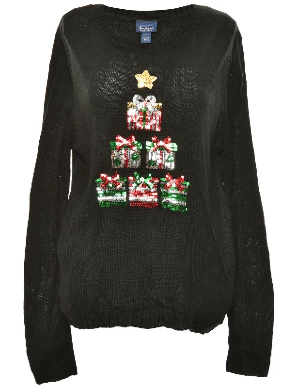 Festive Gifts Black Sequined Christmas Jumper - XL Zippered Buttoned Snapped