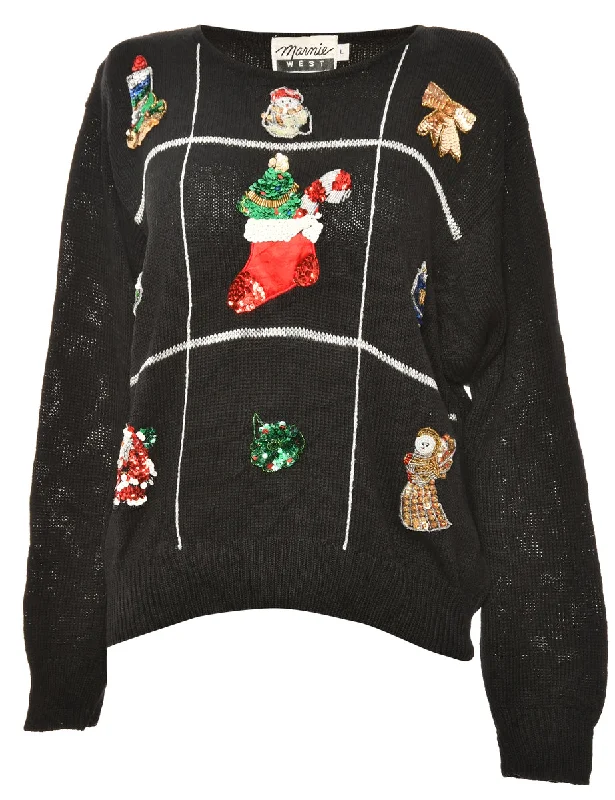 Festive Print Black Christmas Jumper - L Boxy Sweater Fitted Sweater A-Line