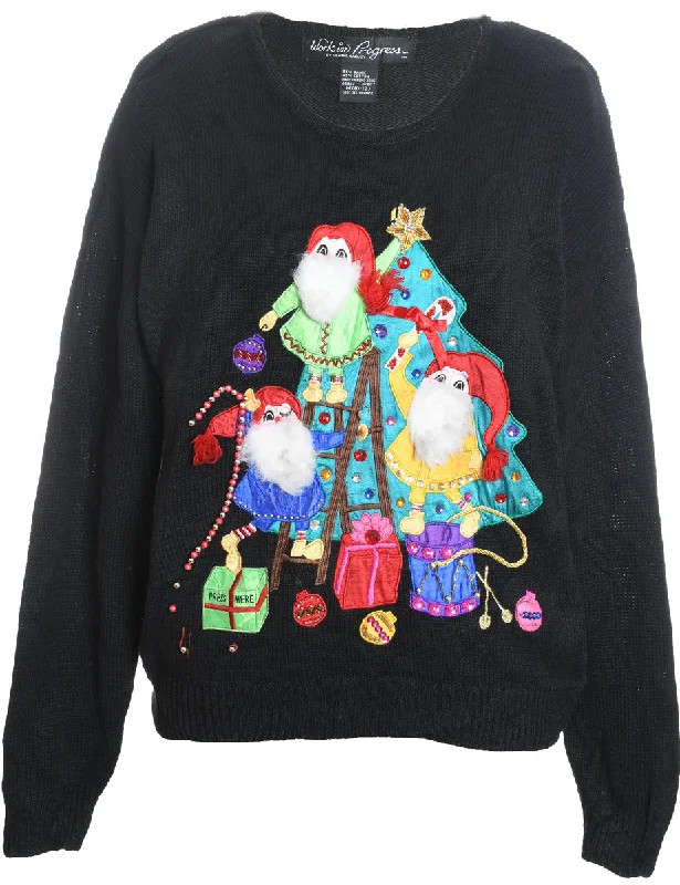 Festive Print Black Knit Christmas Jumper - M Real Fur Shearling Chenille