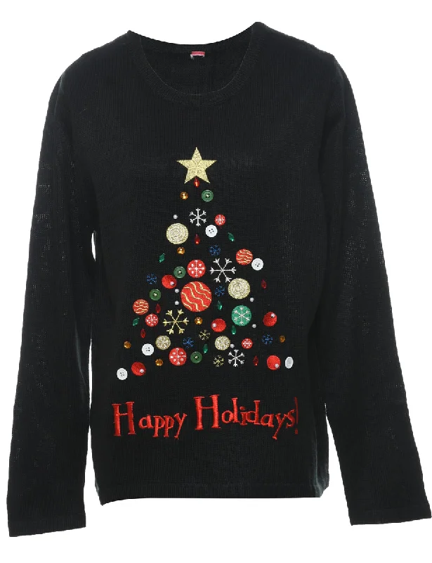 Festive Print Christmas Jumper - L Notch Collar Peter Pan Collar Cowl Neck