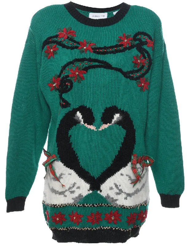 Festive Print Christmas Jumper - L Boat Neck Shawl Collar Notched Collar