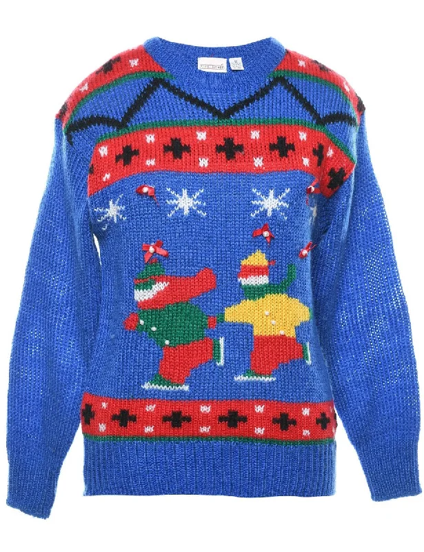 Festive Print Christmas Jumper - L Spandex Blend Rayon Blend Denim Blend