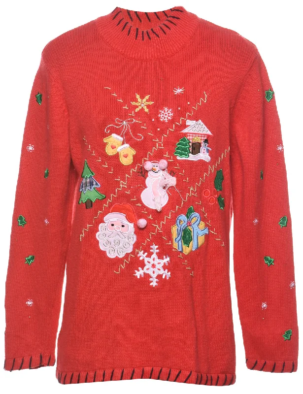 Festive Print Christmas Jumper - L Graphic Sweater Embroidered Appliqued