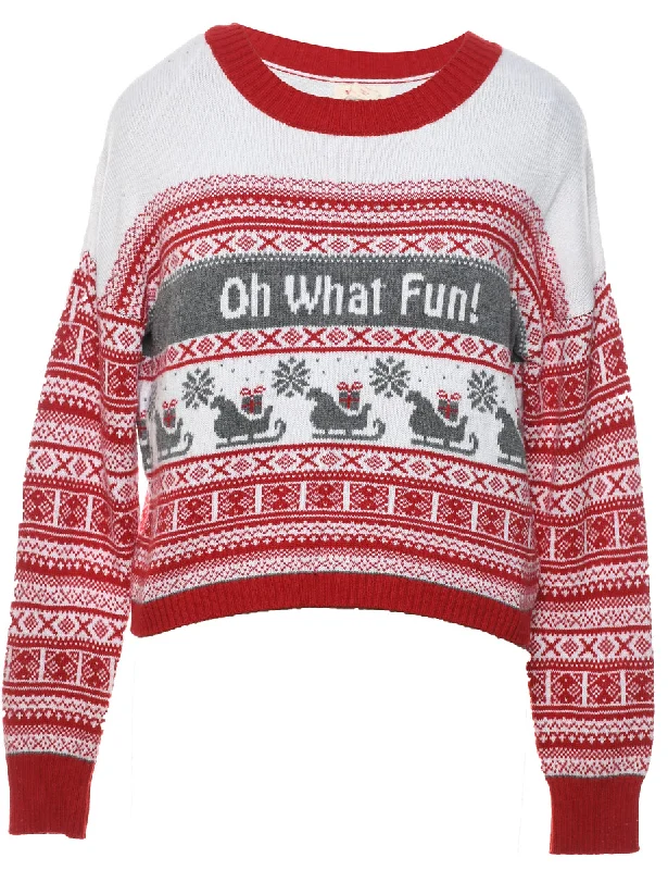 Festive Print Christmas Jumper - L Fleece Sweater Nylon Polyester