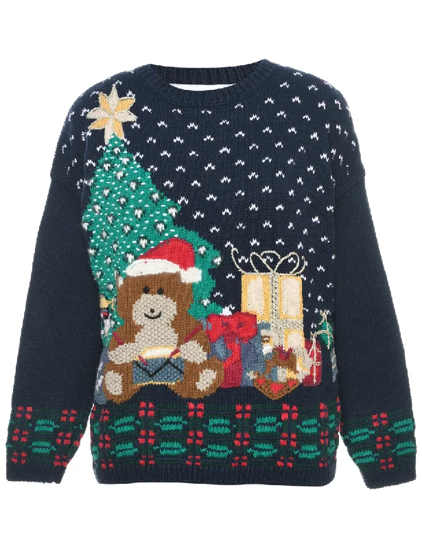 Festive Print Christmas Jumper - M Cashmere Blend Cotton Blend Poly Blend