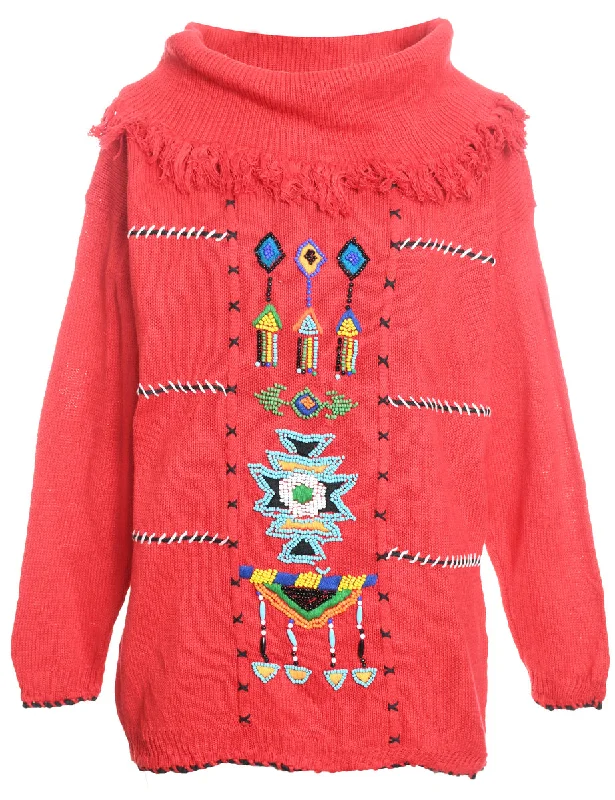 Festive Print Christmas Jumper - M Toggled Drawstring Belted