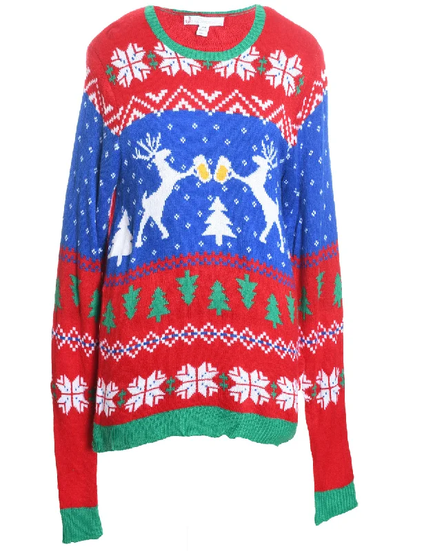 Festive Print Christmas Jumper - M Real Fur Shearling Chenille