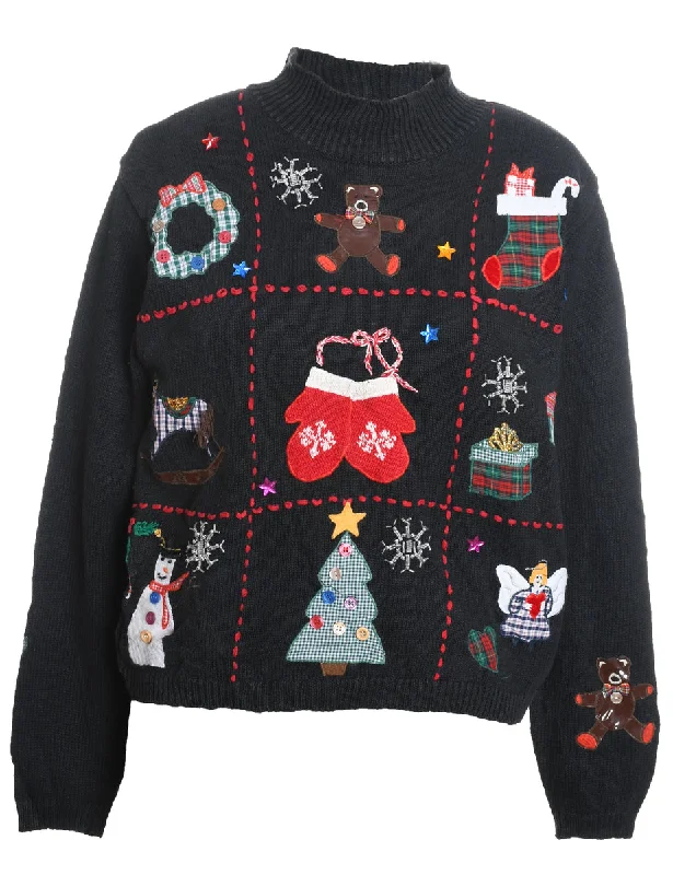 Festive Print Christmas Jumper - S Notch Collar Peter Pan Collar Cowl Neck