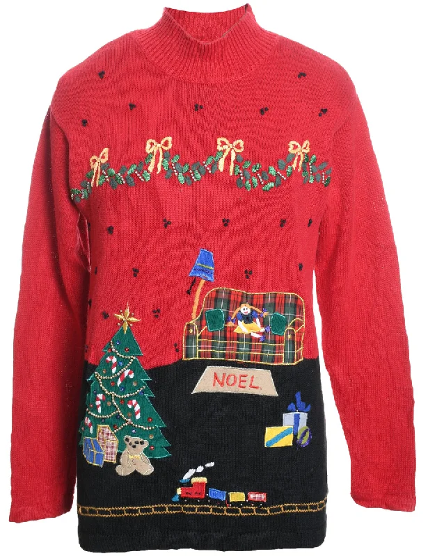 Festive Print Christmas Jumper - S Toggled Drawstring Belted