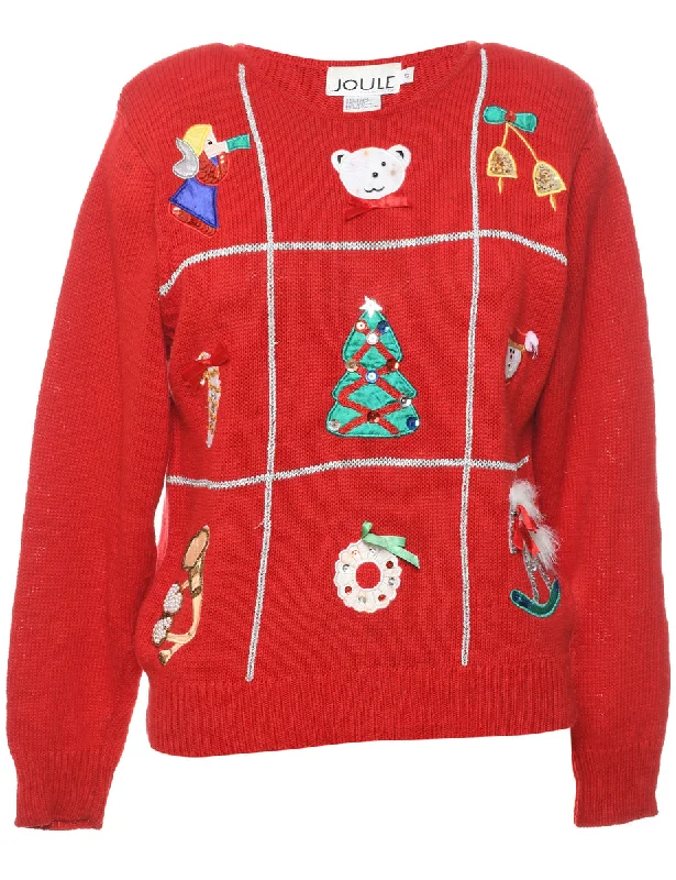 Festive Print Christmas Jumper - S Front Pockets Side Pockets Patch Pockets