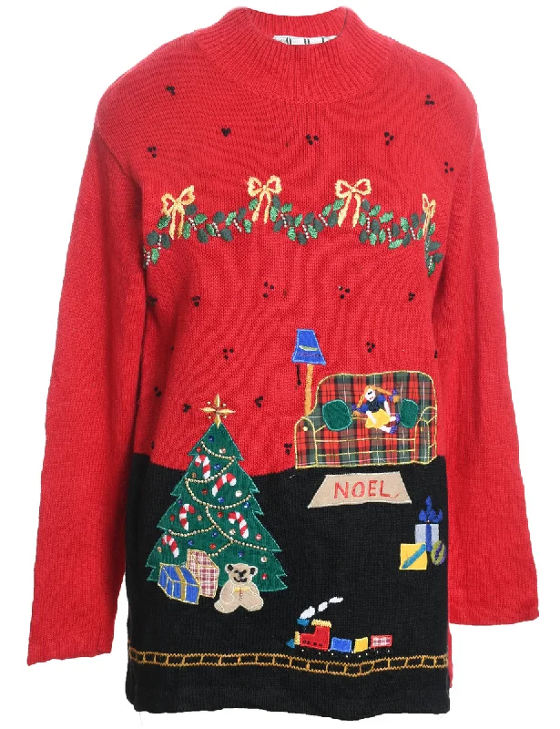 Festive Print Christmas Jumper - S Denim Fabric Leather Fabric Suede Fabric