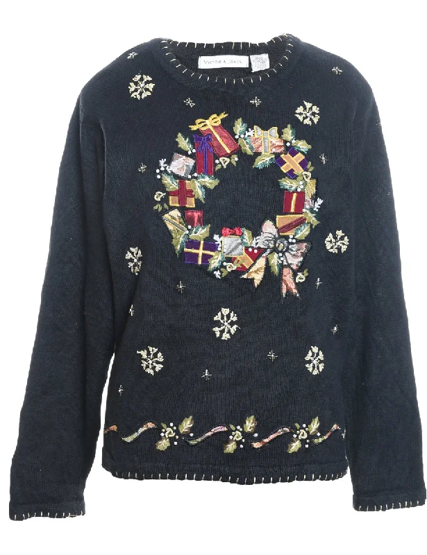 Festive Print Christmas Jumper - XL Graphic Sweater Embroidered Appliqued