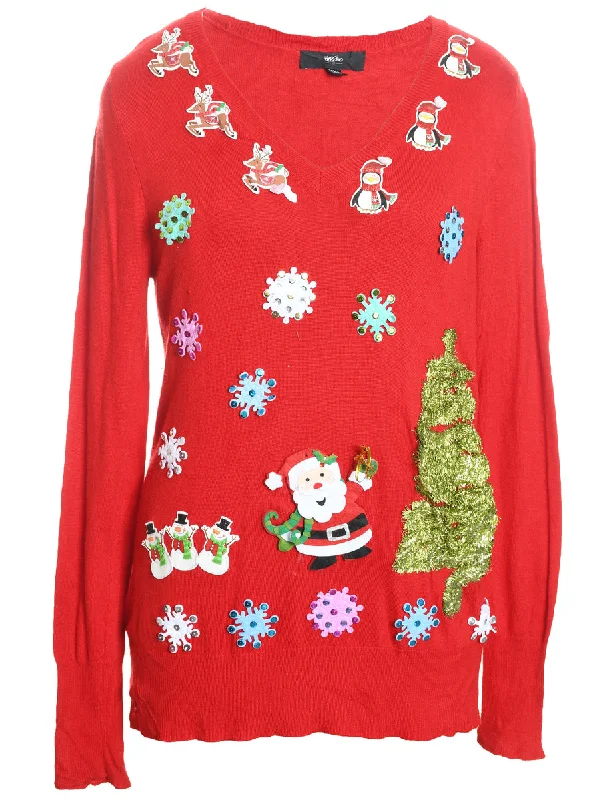 Festive Print Christmas Jumper - XXL Fleece Sweater Nylon Polyester