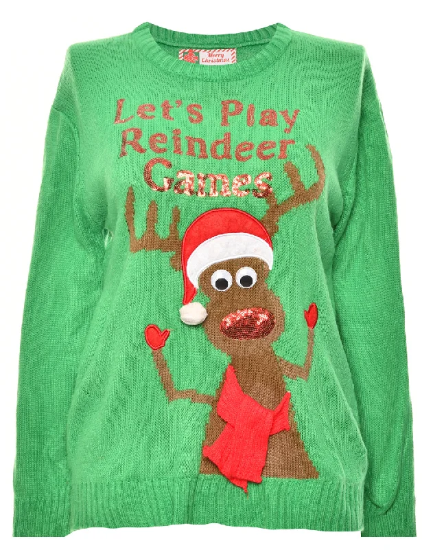 Festive Print Green Reindeer Christmas Jumper - S Handmade Hand-knitted Hand-woven