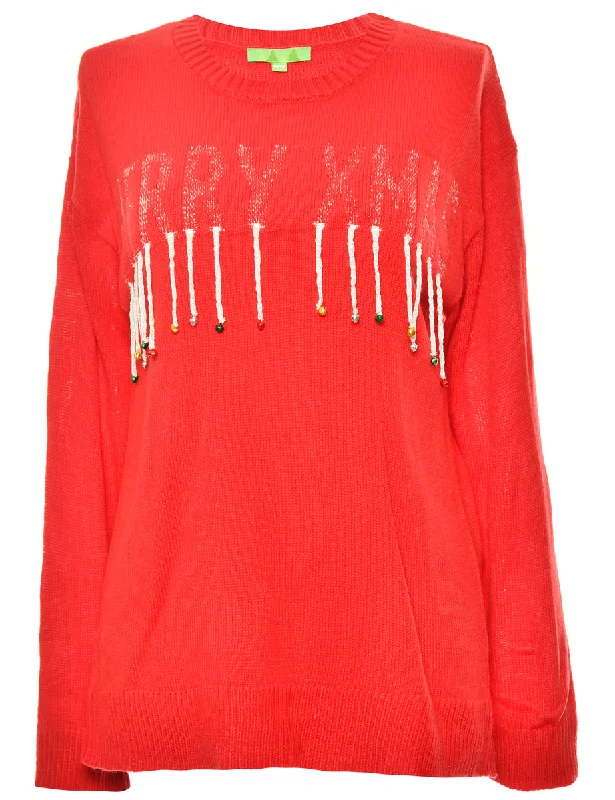 Festive Print Red Classic Christmas Jumper - M Oversized Loose Flowy