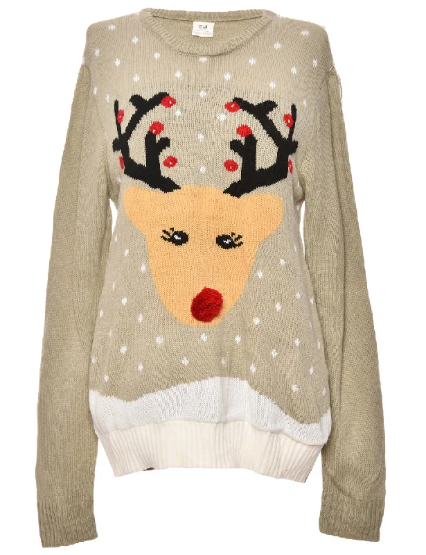 Festive Print Reindeer Christmas Jumper - S Neon Metallic Matte