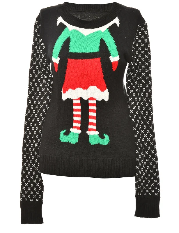 Festive Season Black Elf Christmas Jumper - XL Striped Floral Plaid