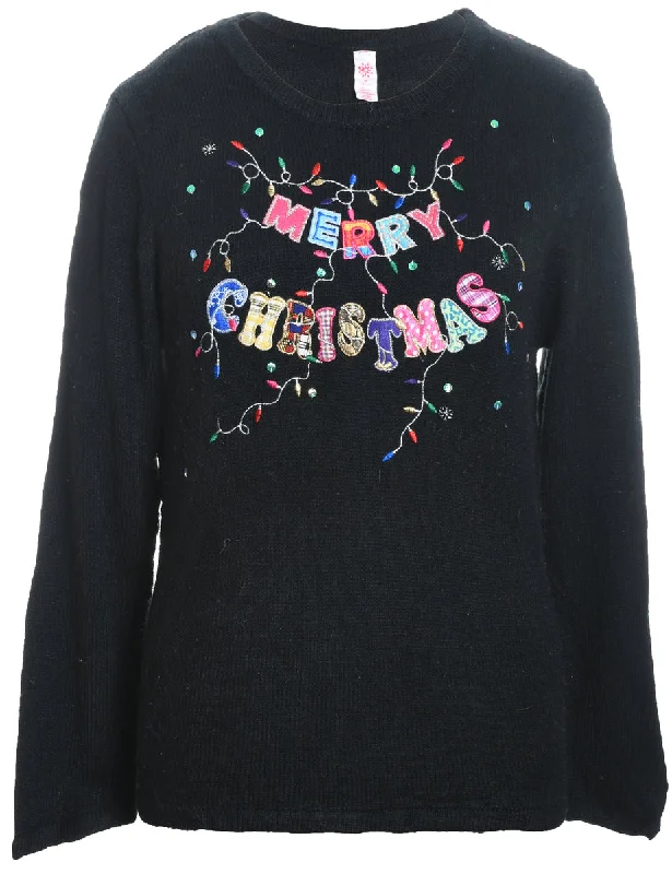 Festive Season Black Embroidered Christmas Jumper - M Print Jacquard Patchwork